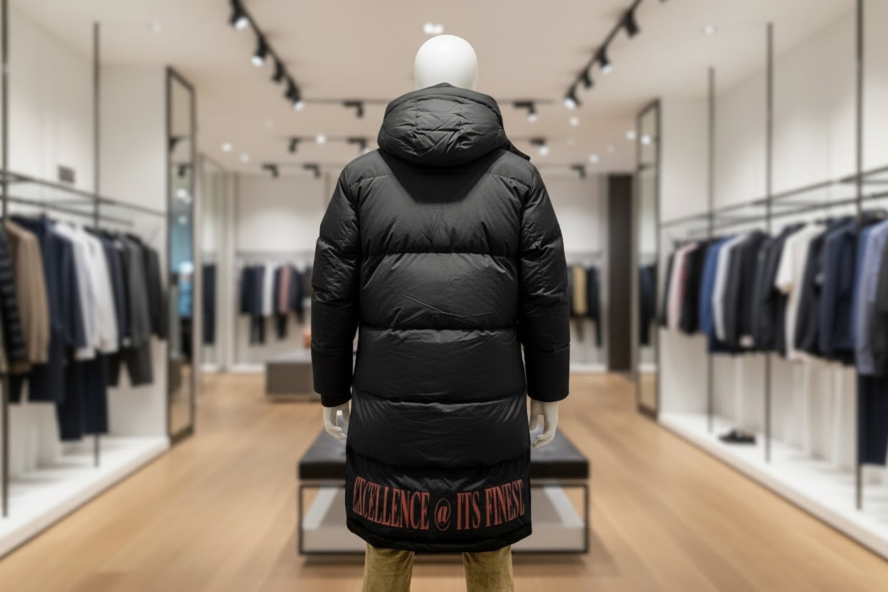 100% Goose Down extremely warm, full length 4 quarter windproof waterproof nylon fabric inside durable outside texture. Limited pieces only