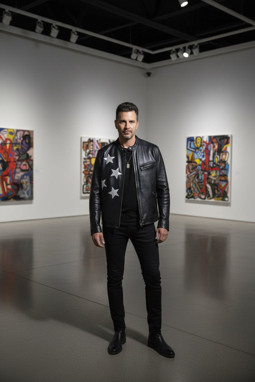 Black lamb skin leather with Chinese collar, Rockstar, leather jacket logo embroidery on back 10 stars in all handcrafted uniquely design made in Beverly Hills