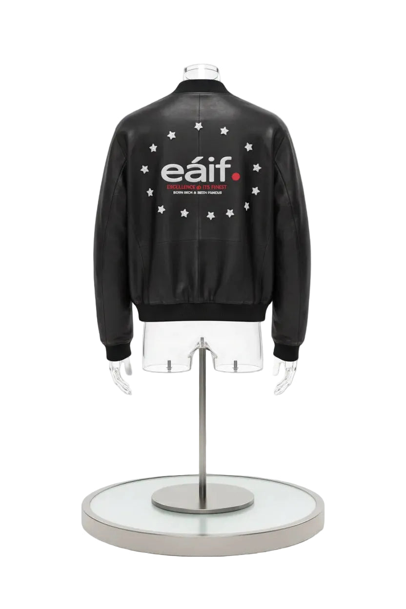 Black leather jacket, excellent quality lamb skin, uniquely designed with embroidered logo on the back with rhinestone aesthetics