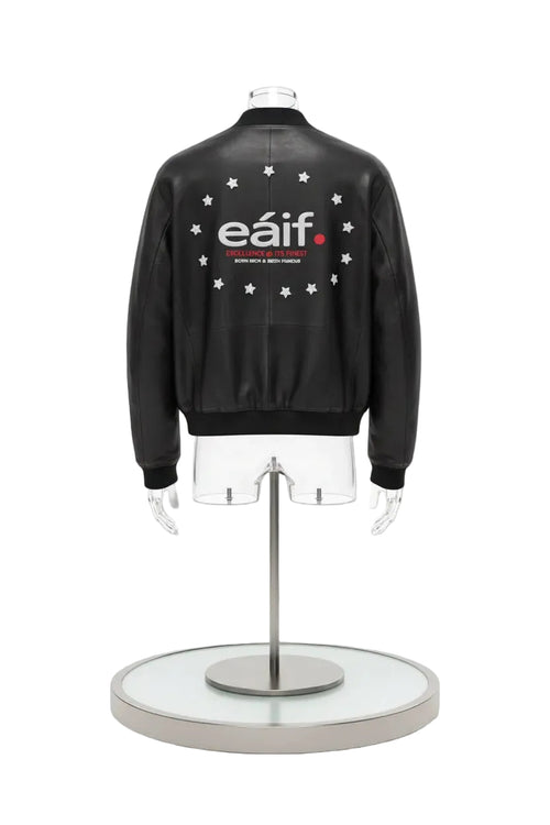 Black leather jacket, excellent quality lamb skin, uniquely designed with embroidered logo on the back with rhinestone aesthetics